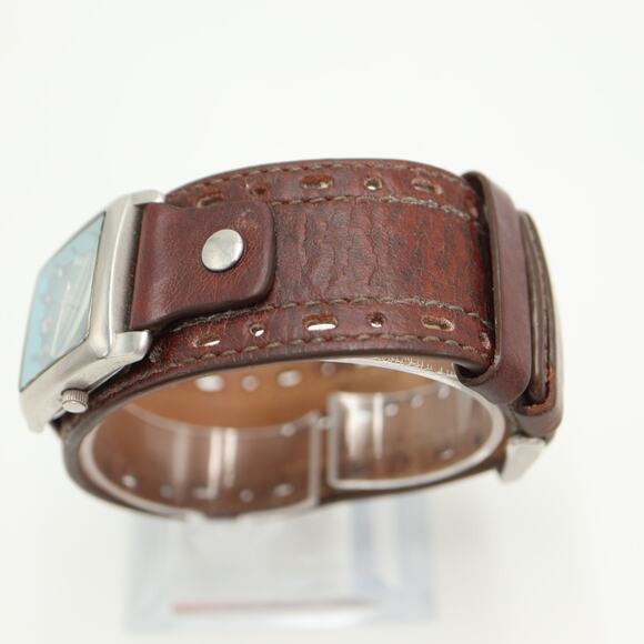 Vintage Fossil Y2K Blue Square 26mm Date Dial Watch Brown Leather w New Battery - Picture 9 of 12
